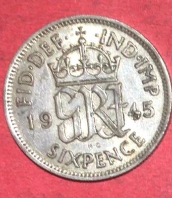 1945 Британский король Георг VI тонкий серебряный шестипенсовик! Эпоха Второй мировой войны! Очень хорошее состояние! Старая британская монета! - Изображение 1 из 2