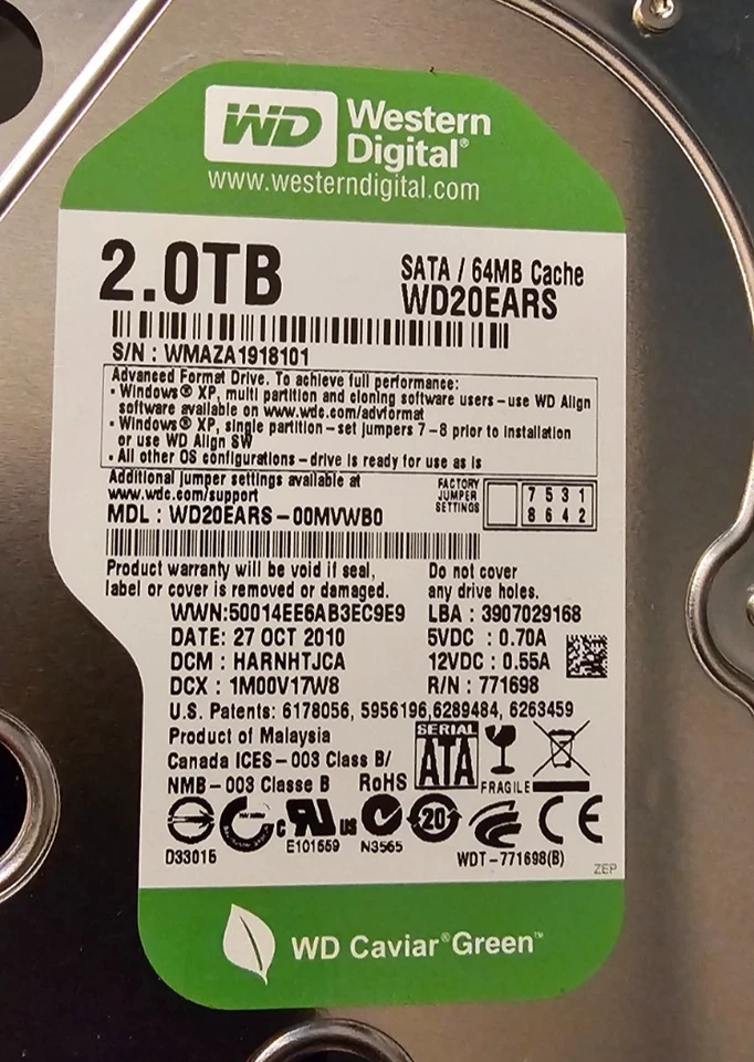 Western Digital Caviar Green 2TB SATA 64Mb Cache WD20EARS-00MVWB0 5400RPM HDD - Image 1 of 1