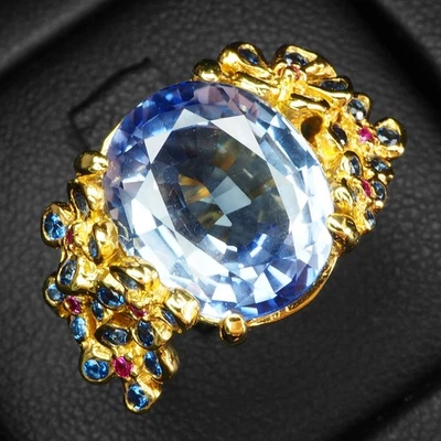 Anillos de oro de 24 quilates de plata de ley 925 glamorosos zafiro azul aciano 9,10 quilates Foto 1 de 4