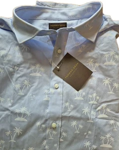 Nwt Thomas Dean Size XXL S/S Button Up Blue & White Hawaiian Palms Cotton Shirt - Picture 1 of 6