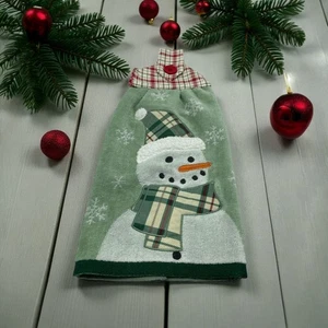 Weihnachten hängendes Geschirrtuch Schneemann mit rot-grünem Karo auf Schneeflocken Handtuch - Bild 1 von 6