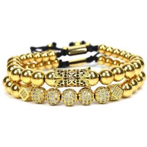 Luxury Micro Pave CZ Ball Gold Crown Braided Bracelets Mens Jewelry Copper Bead