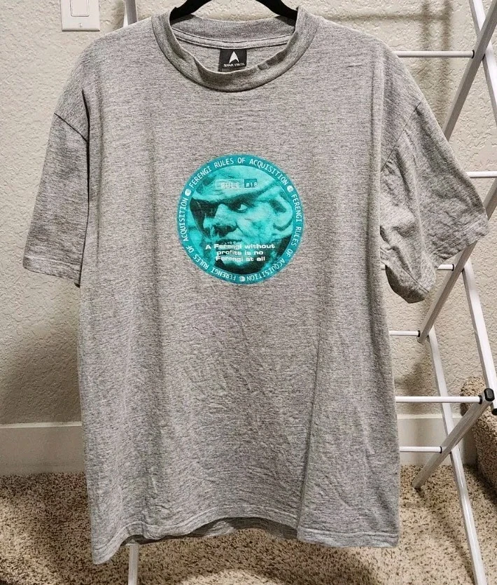 Camiseta masculina vintage anos 90 Star Trek Quark Ferengi Rule 18 grande espaço profundo nove cinza - Imagem 1 de 4