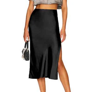 Side Split Women Satin Silk Midi Skirt High Waist Solid Color Elegant Skirts - Picture 1 of 28