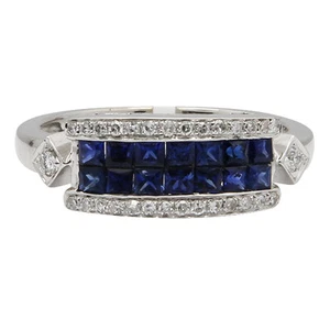 14K WEISSGOLD PAVE DIAMANT PRINZESSSCHLIFF UNSICHTBARER BLAUER SAPHIR EDELSTEIN RING - Bild 1 von 2