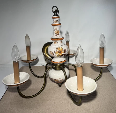 VINTAGE 5 ARM PORCELAIN CERAMIC CHANDELIER CEILING LIGHT FIXTURE FL￼ORAL DESIGN Cover