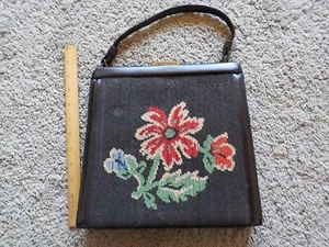 Vintage Crown Lewis Handbag Floral Needlepoint & Leather - Picture 1 of 12
