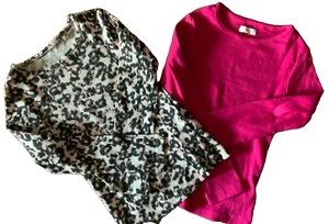 Girls Leopard Print & Pink L/S Crew Neck Cotton T-Shirt Lot of 2 New w/o Tags - Picture 1 of 4