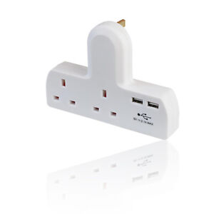 2 Way Multi-Plug UK 13amp Mains Socket Adapter Bar with Dual USB Ports - WHITE