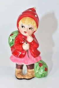 LEFTON HOLLY GIRL, STATUINA NATALIZIA VINTAGE ANNI 50 RAGAZZA CON MANTELLO ROSSO A POIS - Foto 1 di 9
