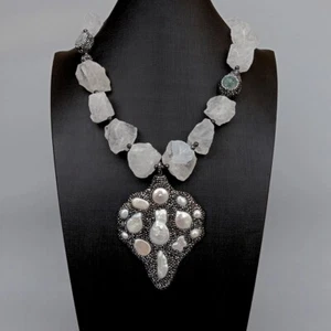 White Quartz Rough Necklace big pendant white pearl black crystal pave Pendant - Picture 1 of 7