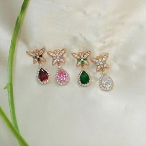 Colorful Red White Green Pink Tear Drop Earring GoldPlated Dangly Statement Stud - Picture 1 of 18