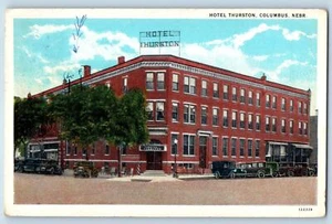 Postal 1930 Hotel Thurston & Restaurant Building coche clásico Columbus Nebraska - Imagen 1 de 2