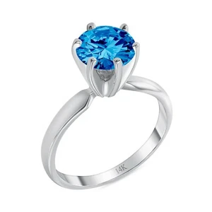 1.25 Ct Created Diamond Round Cut Blue 14K White Gold Solitaire Engagement Ring - Picture 1 of 3