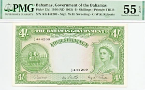 BAHAMAS 4 Shilling P13d 1953 PMG 55 About Uncirculated EPQ - Picture 1 of 2