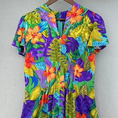 Vestido midi vintage anos 80 feito à mão com estampa tropical floral sedosa ponto único EUA 1980s - Imagem 1 de 4