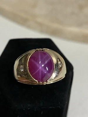 Mens VTG Star Ruby Cabochon Diamond Accent Ring 14K Yellow Size 10 - Image 1 of 4
