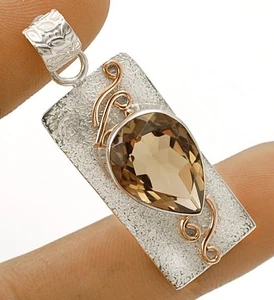 3CT Two Tone Smoky Topaz 925 Sterling Silver Pendant Jewelry 1 3/4" Long @3-2 - Picture 1 of 1