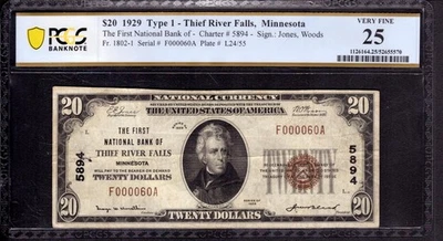 1929 $20 FIRST NATIONAL BANK NOTE THIEF RIVER FALLS MINNESOTA PCGS VERY FINE 25 - Image 1 of 4