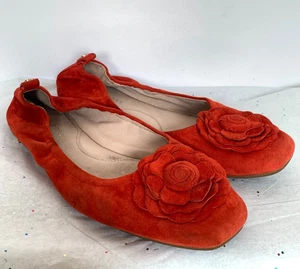 Taryn Rose Red Suede 3D Flower Ballet Flats Gold Logo on Heel - Cushioned Arch 8 - Picture 1 of 13