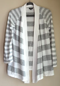 Express Gray & White Striped Roll Tab Sleeve Open Front Cardigan Women's Medium - Picture 1 of 6
