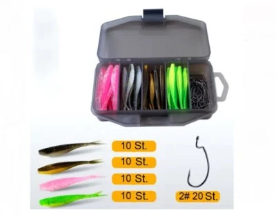 Set 60 St Gummifische mit  Haken und Box Hecht Zander Barsch Kunstköder - Bild 1 von 3