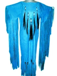Vestido de novia para mujer de cuero azul con flecos largos con cuentas Powwow Regalia WDB222 - Imagen 1 de 3