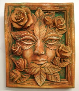 Placa de pared de yeso con acabado antiguo vintage de yeso con cara de rosa con hoja de niña de temporada  - Imagen 1 de 4