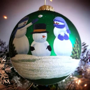 Heirlooms Collectibles Glass Ball Christmas Ornament Snowmen Winter Scene Green - Picture 1 of 6