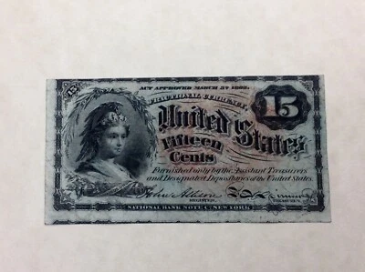 ~ FR 1267 - Fourth Issue 15 Cents Bust of Columbia US Fractional Currency Note - Image 1 of 2