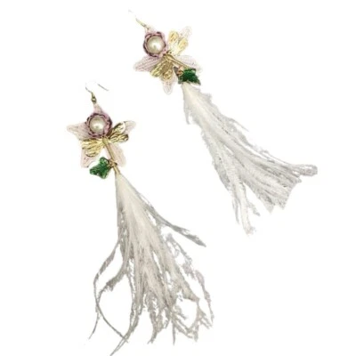 Light Pink Faux Feathers Lace And Pearl Flower Drop Earrings - Image 1 of 4