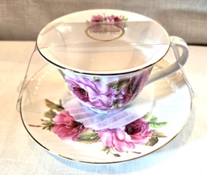 Grace Teaware Roses Pink Teacup Saucer Fine Porcelain Large Gold Rim Ridges - Picture 1 of 9