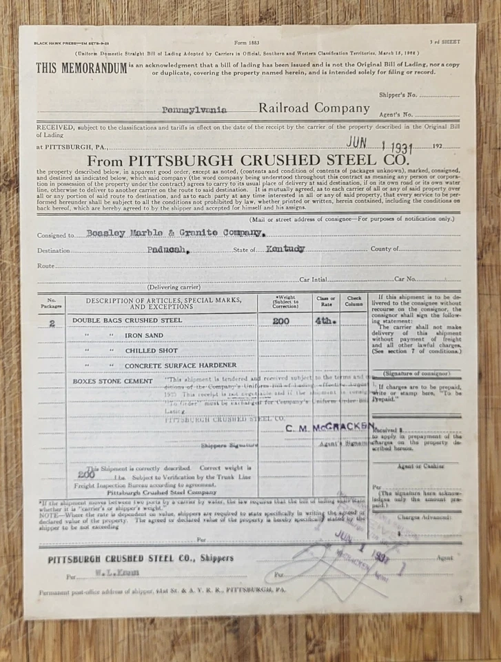 1931 Billhead Pittsburgh Pennsylvania Pittsburgh Crushed Steel Company - Image 1 of 1
