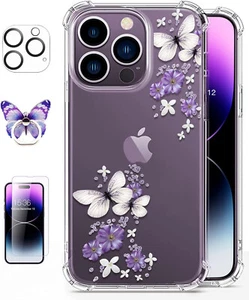 Butterfly Phone Case for iPhone 14 Pro 6.1" & Screen Protector & Ring Holder - Picture 1 of 7