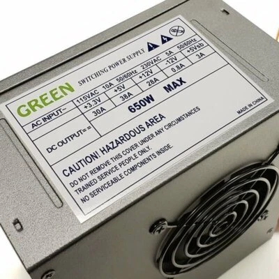*NEW--Green Black 650w-MAX ATX PS 12cm-Fan 20+4Pin, SATA, PCIe 6+2 pin & 4+4 pin - Image 1 of 4