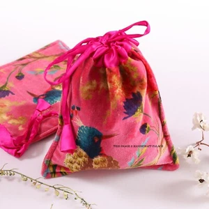 2 Bolsos de mano de terciopelo impresos a mano de pájaro rosa indio bolsos de boda joyería pequeños - Imagen 1 de 7