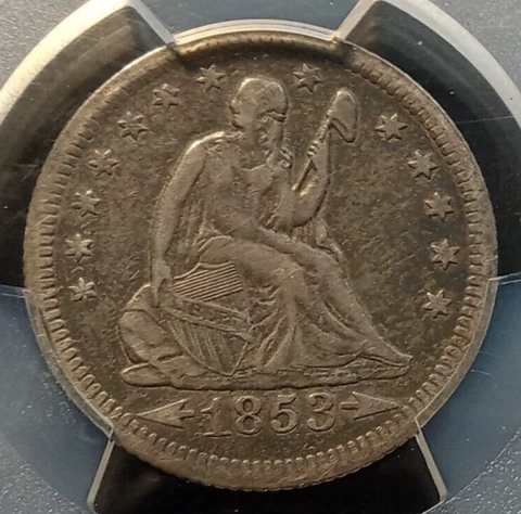 1853-O *Arrows & Rays* Seated QUARTER *PCGS VF25* Nicely Toned *FAST SHIPPING!! Cover