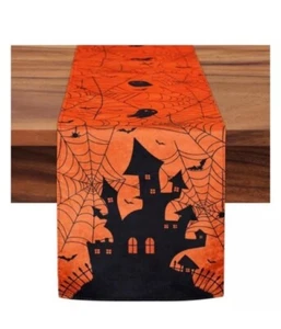Halloween Table Runner 108x11” Orange Autumn Kitchen Dining Cobweb Castle - Picture 1 of 8