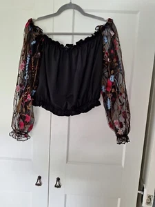 Black Off The Shoulder Top With Sheer Floral Sleeves - Picture 1 of 3