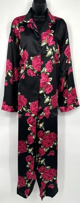 Розовые лепестки женщин длинным рукавом пижамы верхний брюки комплект размер XL черный цветочный атлас - Изображение 1 из 4