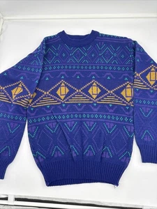 Vintage 80er Sasson geometrisch blau schwarz Strick Junge XL Rundhals Pullover Opa - Bild 1 von 9