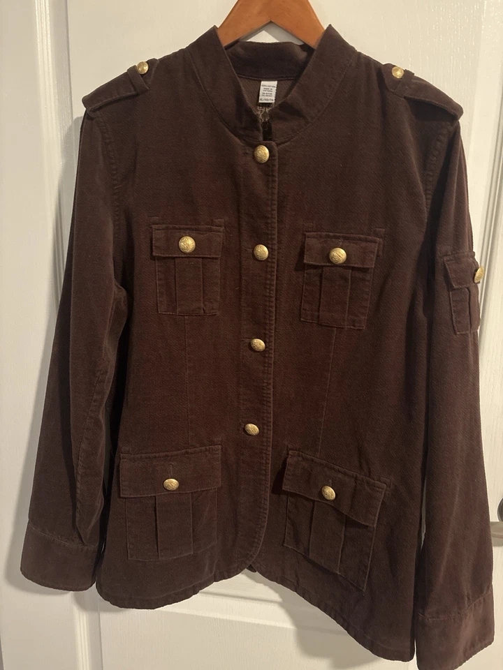 Винтажная женская военная универсальная куртка Izod XL хлопок коричневая с карманами на пуговицах - Изображение 1 из 4