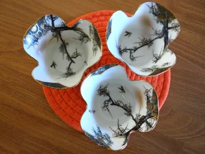 Set of 3 - Vintage Kutani Ware Hand Paint Porcelain Tea cups Tree Branches Bird - Picture 1 of 24