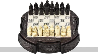 Isle of Lewis Chess Set - Compact 9 inch Resin Chess Cabinet and Chessmen - Brow - Image 1 of 4