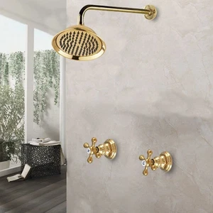 8.2“ Gold Brass Round Rainfall Double Handles Wall Mount Mixer Shower Faucet - Picture 1 of 5