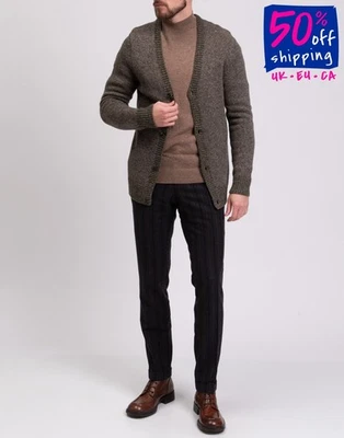 RRP€189 REVOLUTION Cardigan Size L Merino & Alpaca Wool Blend Ribbed Y-Neck - Image 1 of 4