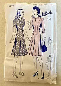 Vtg 1940s WWII Butterick Sewing Pattern 2599 Sz 12 Bust 30, 2 Collars & Sleeves - Picture 1 of 15