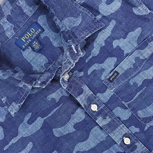 Ralph Lauren Shirt Boys Large 14-16 Blue Camo Oxford Button Short Sleeve Preppy - Picture 1 of 11