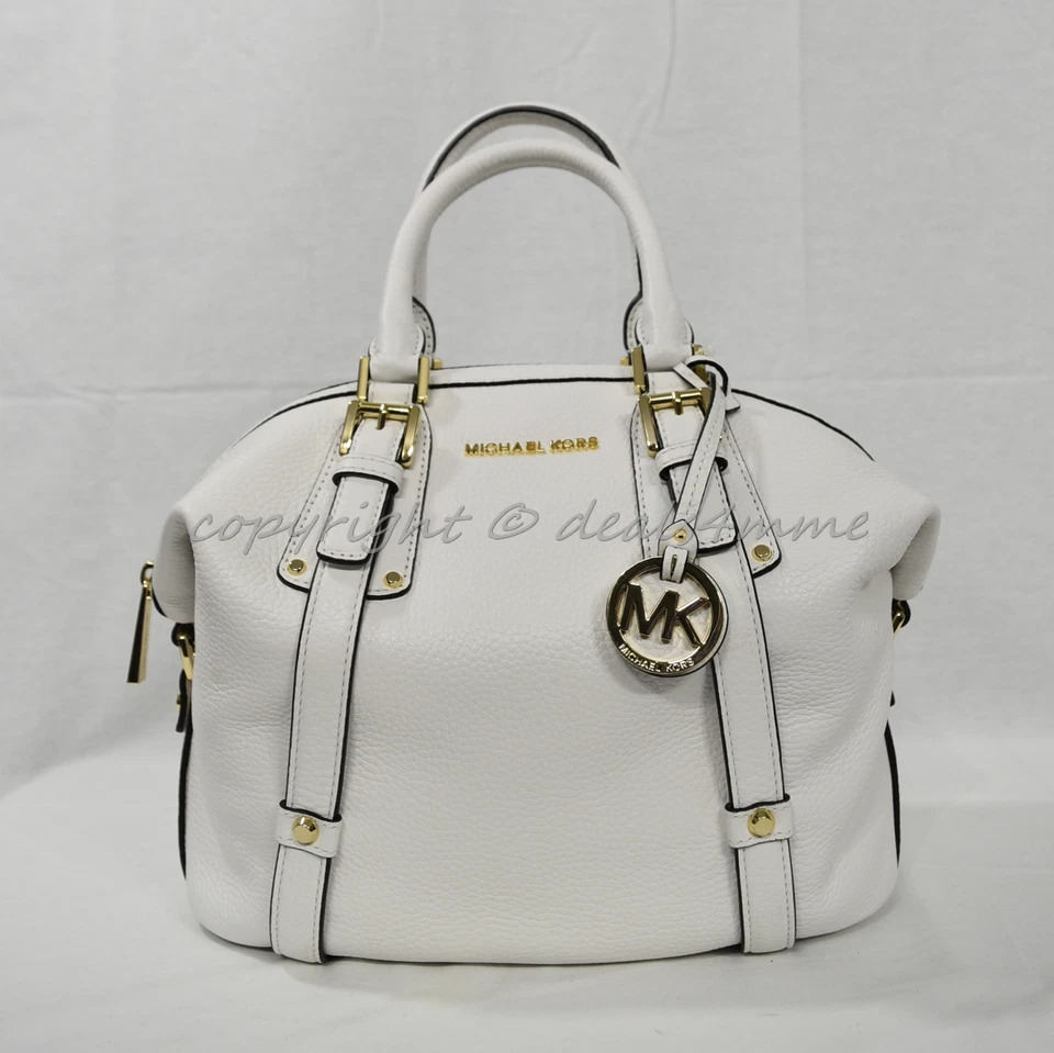 Michael Kors Bedford Belted Medium Satchel Leather Bag Optic White