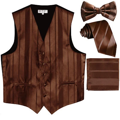 New Men's stripes Tuxedo Vest Waistcoat & necktie & Bow tie & Hankie Brown prom - Image 1 of 4